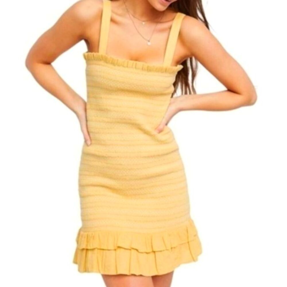 American Eagle Linen Cotton Yellow Shirred Ruffle Mini Dress MEDIUM